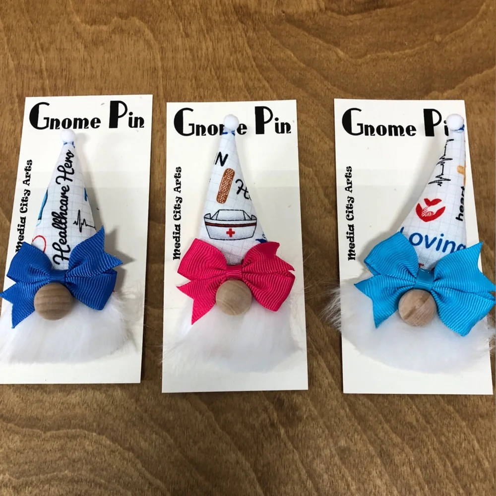 Healthcare Hero Gnome Pin Brooch Handmade Gift Guide Bow Magnetic Medical - Picture 2 of 4